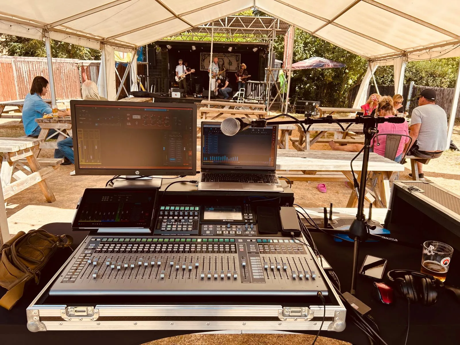 The sound desk facing the outdoor stage