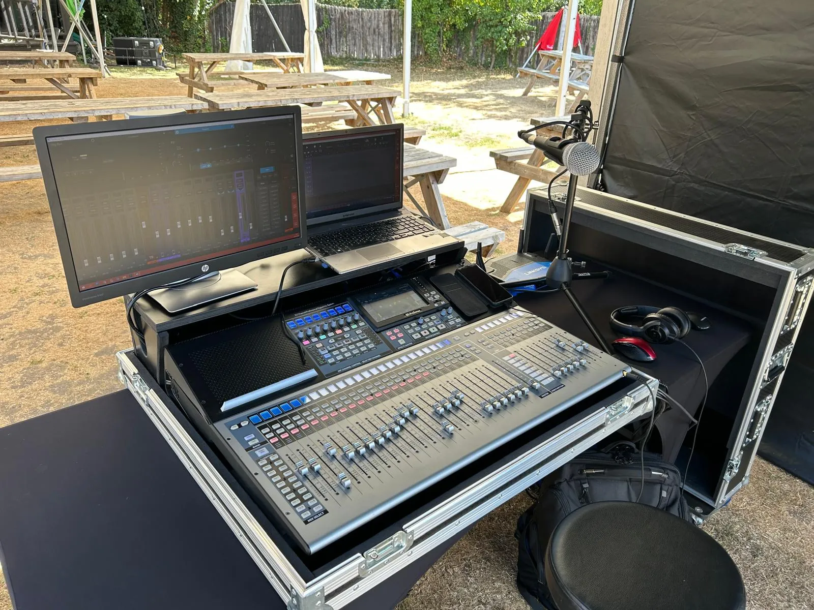The mixing desk in its flight case, ready for an outdoor show